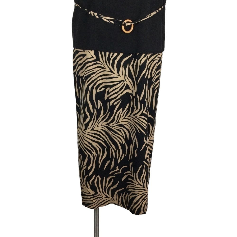 Courtenay‎ Linen Blend Black Tan Leaf/Zebra Print Belted Women Dress Size 14 P - Picture 4 of 12